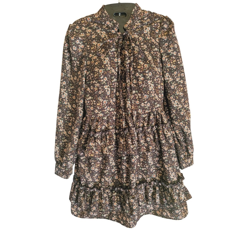 CIDER Mini Dress Fall XS Cottagecore Boho Ruffle Tiered Keyhole Bow Floral Cute